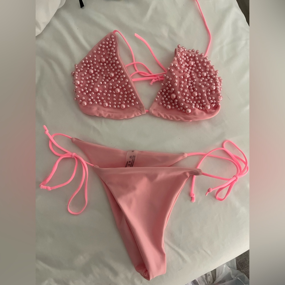 SHEIN Pink Pearl Embellished String Bikini
